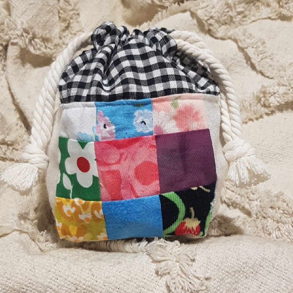 One-of-a-Kind Patchwork Drawstring Mini Bag | Mixed Floral Gingham Mix